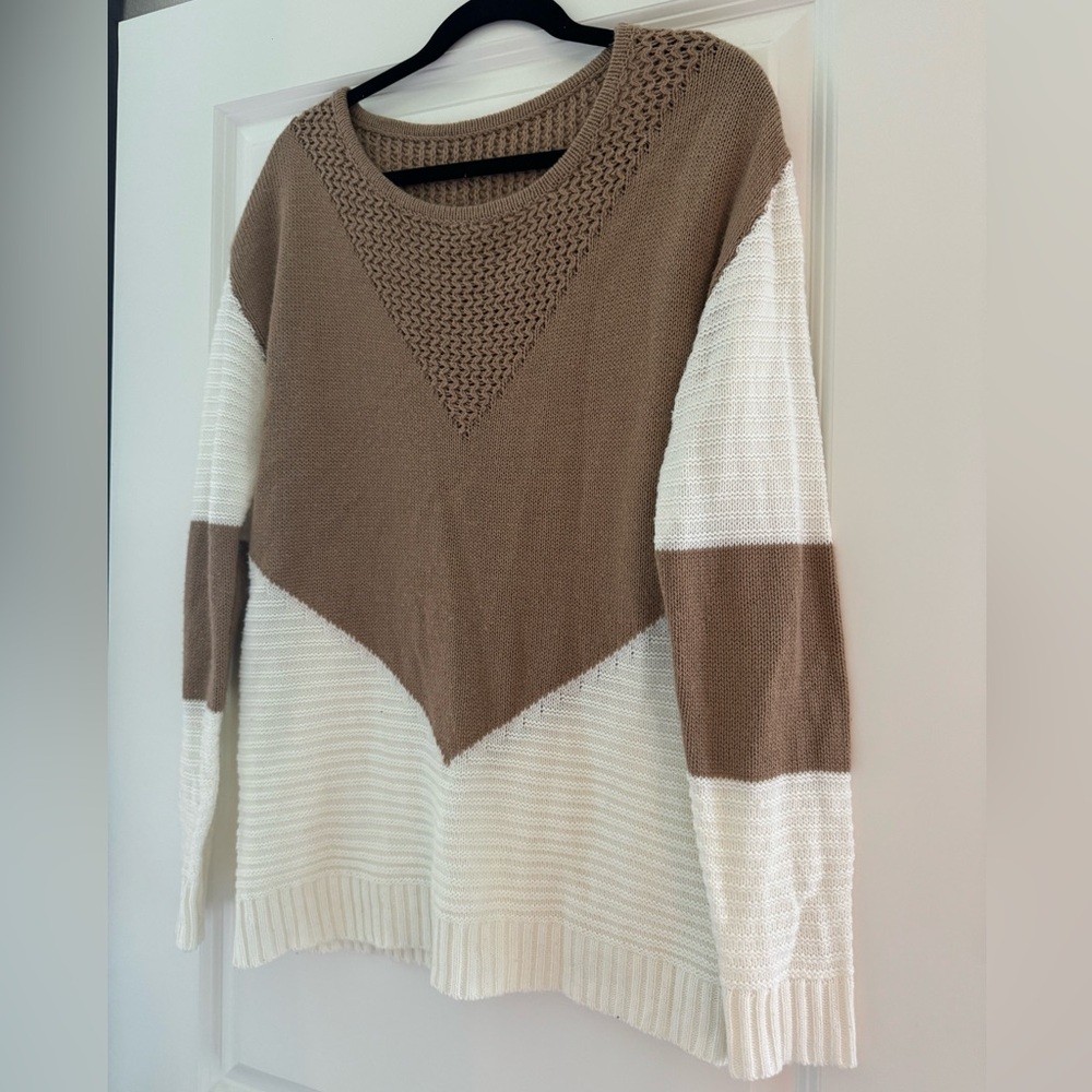 Tan and Cream Color blocked Lightweight Sweater